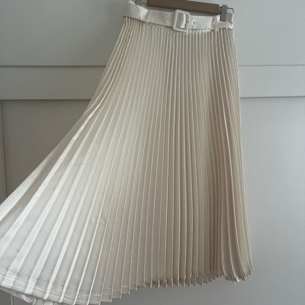 SOLD Audrey Hepburn Moon River Cream Satin Pleated Belted Midi Skirt